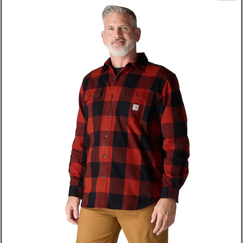Carhartt Men's Red& Black Loose Fit Heavyweight Flannel Long Sleeve Size Large T
